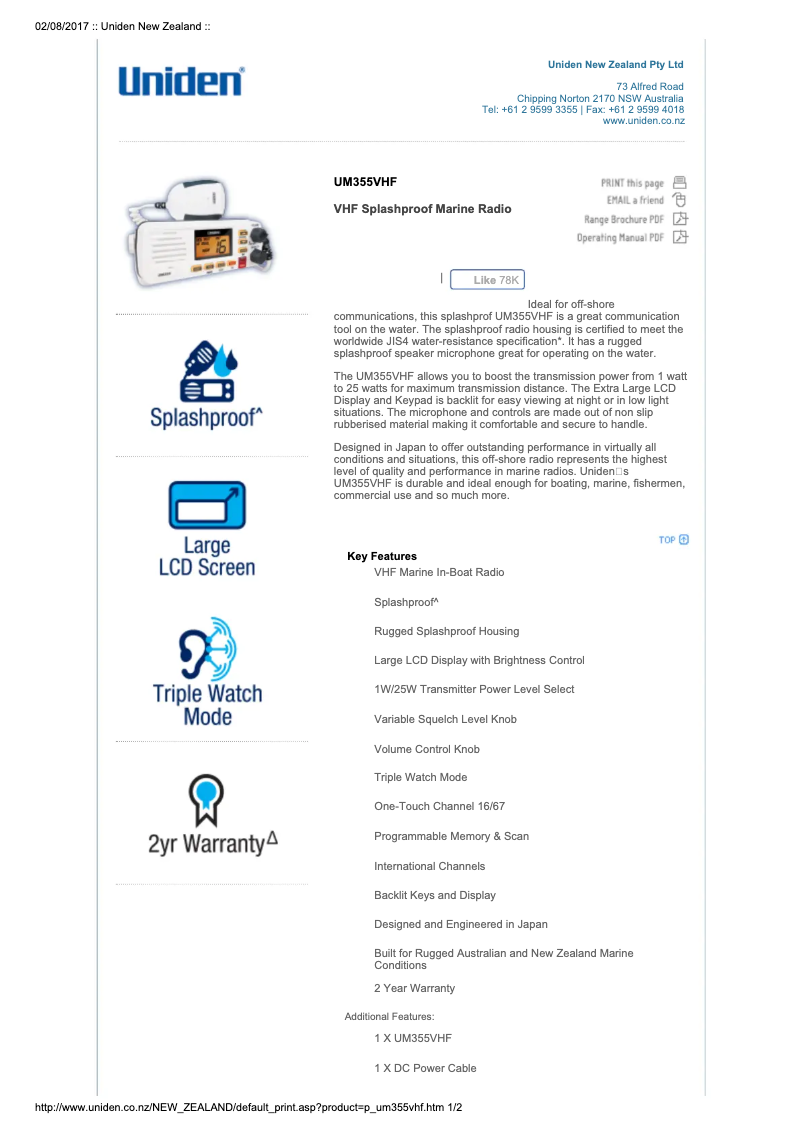 Page n°1 - Fiche technique Uniden UM355VHF