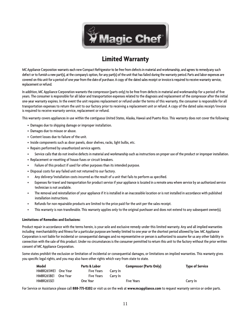 Page 1 de la notice Informations de garantie Magic Chef HMBR265WE1
