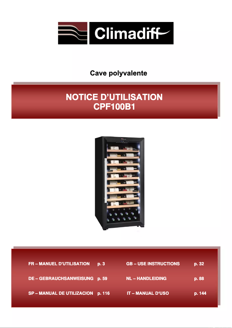 Page 1 de la notice Manuel utilisateur Climadiff CPF100B1