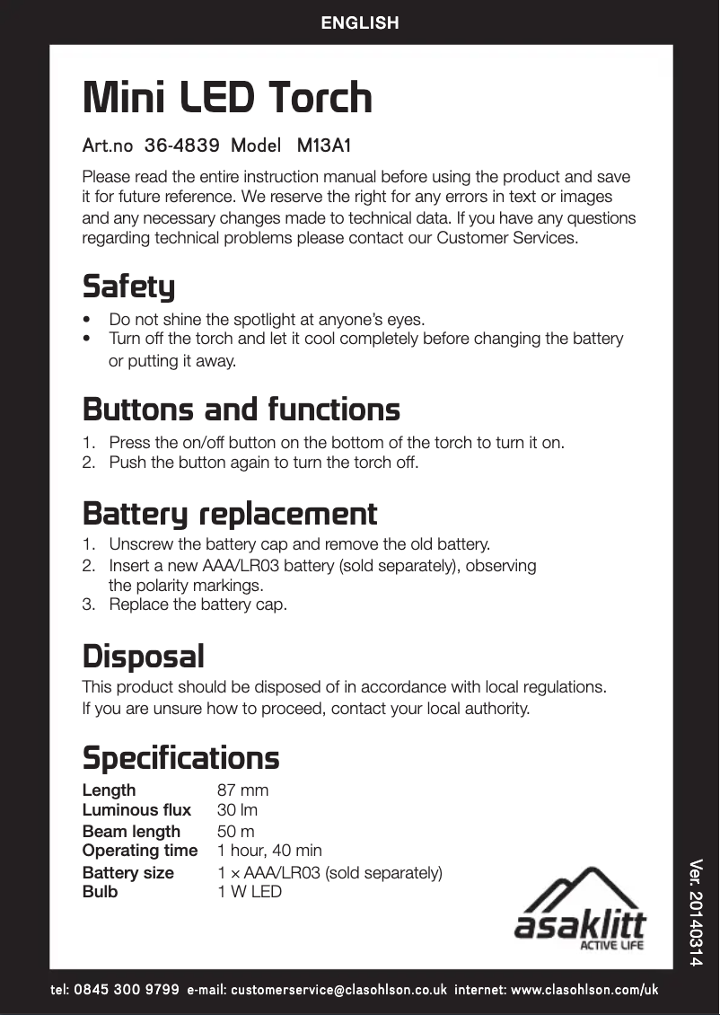 Page 1 de la notice Manuel utilisateur Asaklitt M13A1