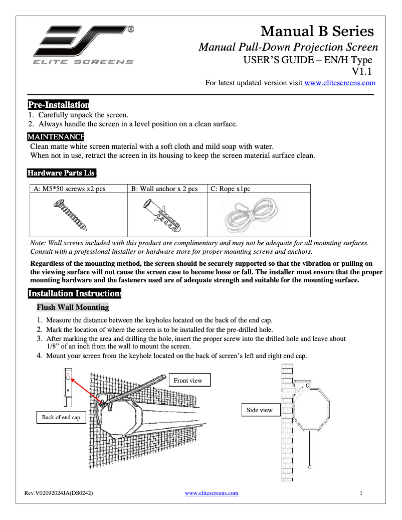 Page n°1 - Manuel utilisateur Elite Screens Manual M100X