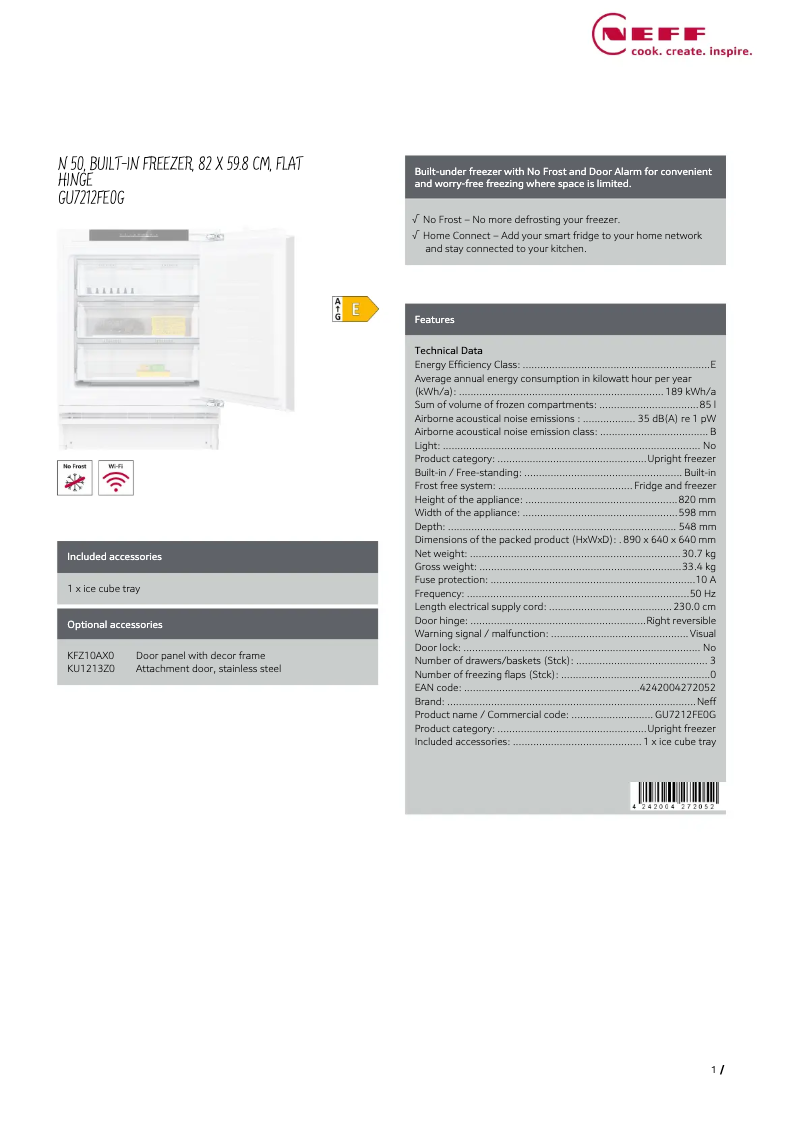 Page 1 de la notice Fiche technique Neff GU7212FE0G