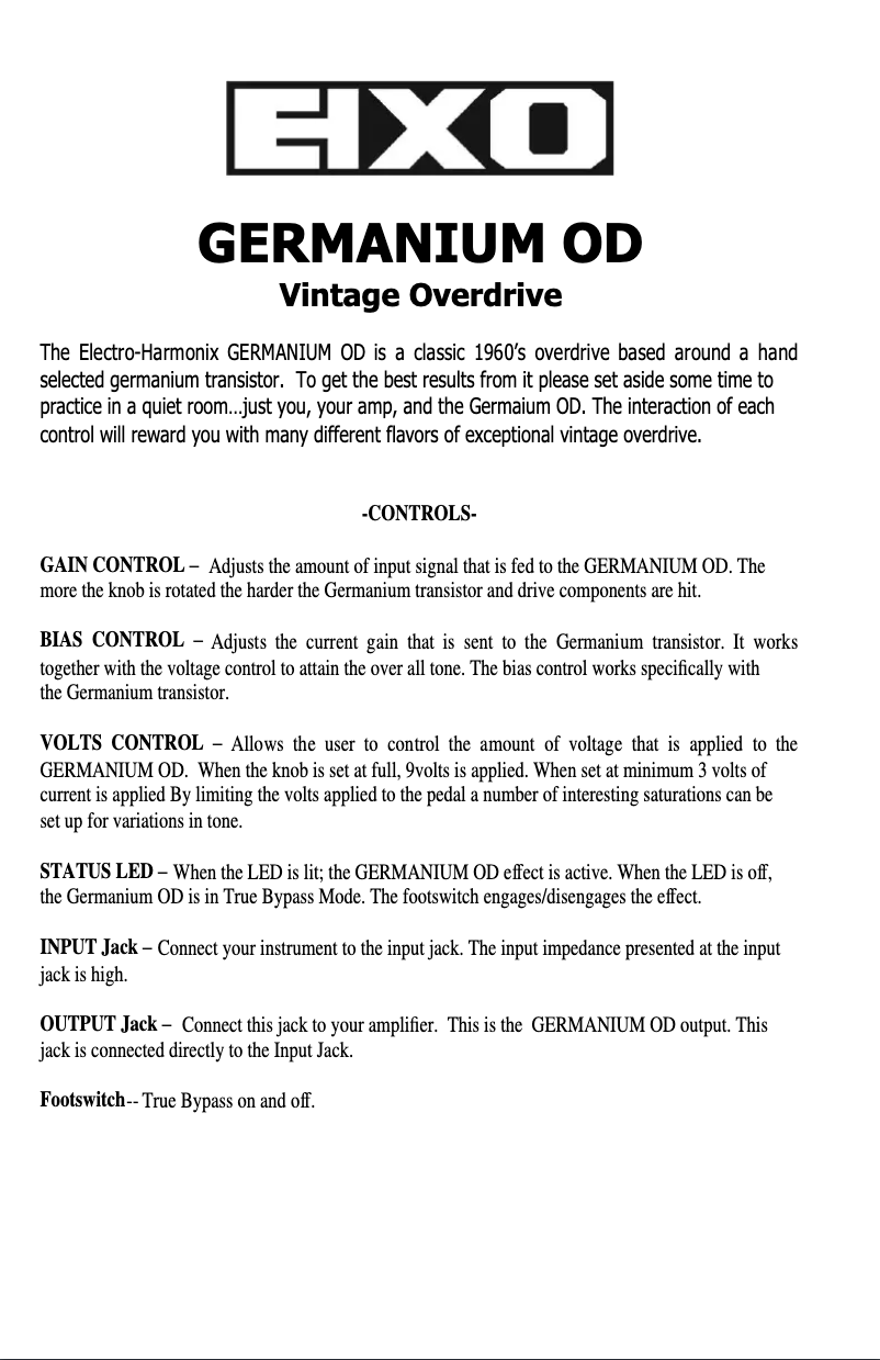 Page 1 de la notice Manuel utilisateur Electro Harmonix Germanium OD