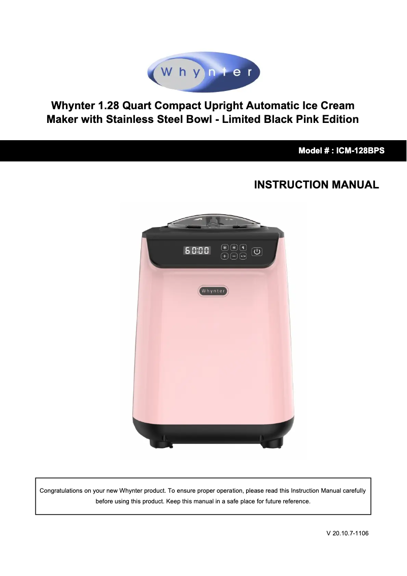 Page n°1 - Manuel utilisateur Whynter ICM-128BPS