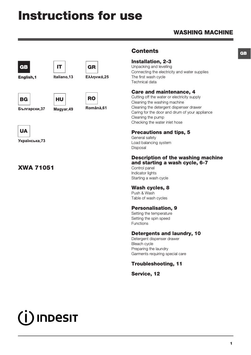 Page 1 de la notice Manuel utilisateur Indesit XWA 71051 W EU