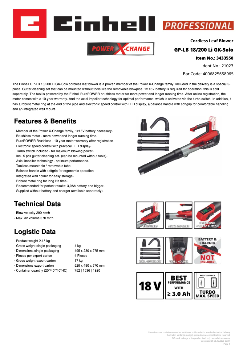 Page 1 de la notice Fiche technique Einhell GP-LB 18/200 Li GK-Solo