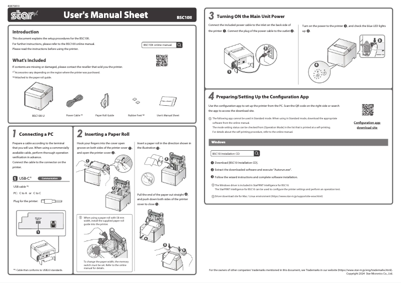 Page 1 de la notice Manuel utilisateur Star Micronics BSC10II-U