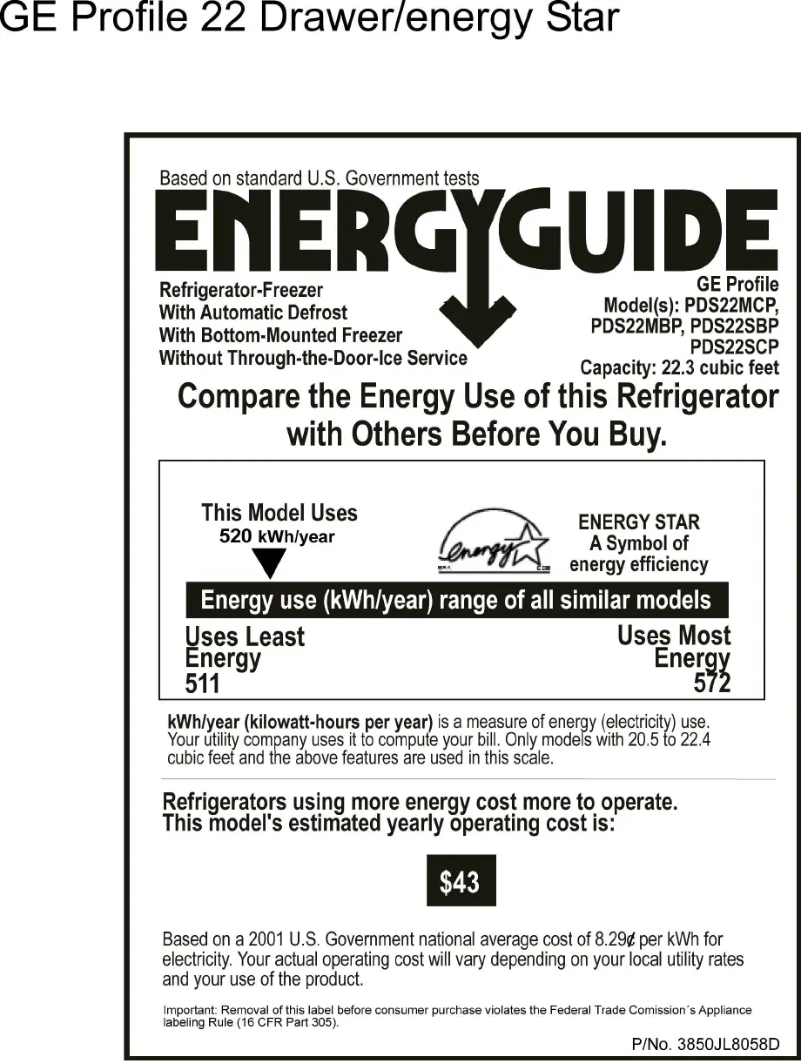 Page 1 de la notice Label énergétique GE Profile PDS22MCPCC