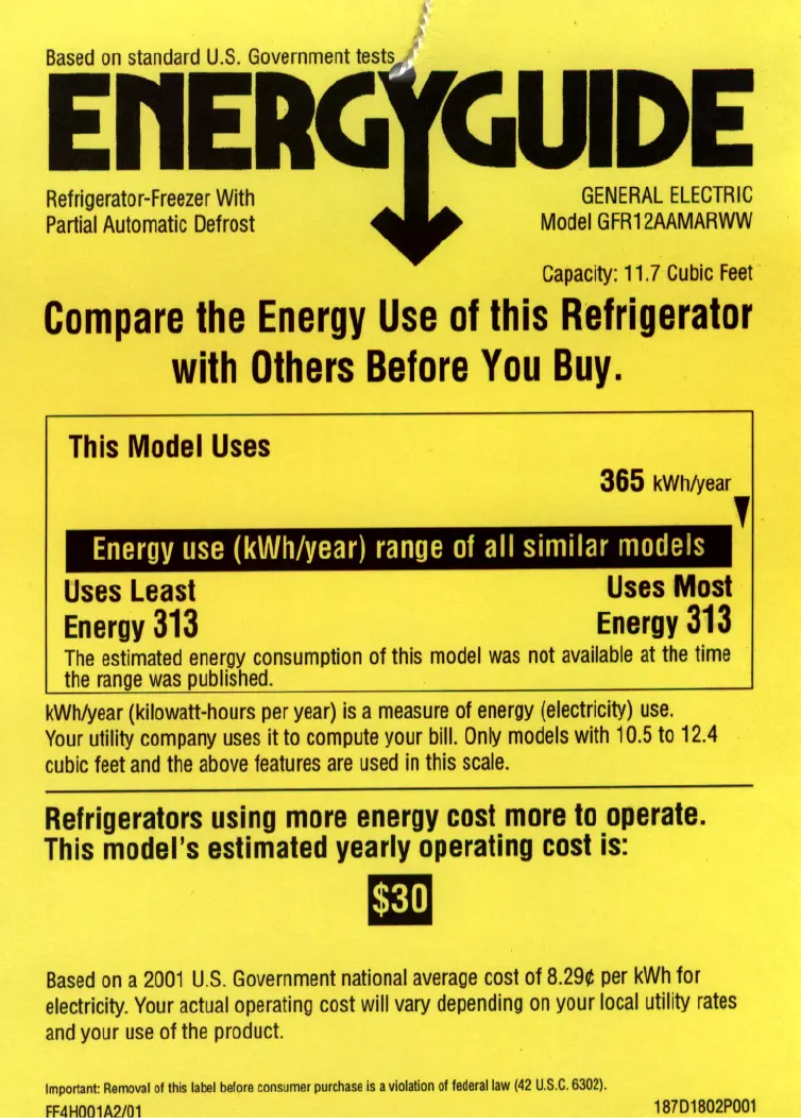 Page n°1 - Label énergétique GE GFR12AAMRWW