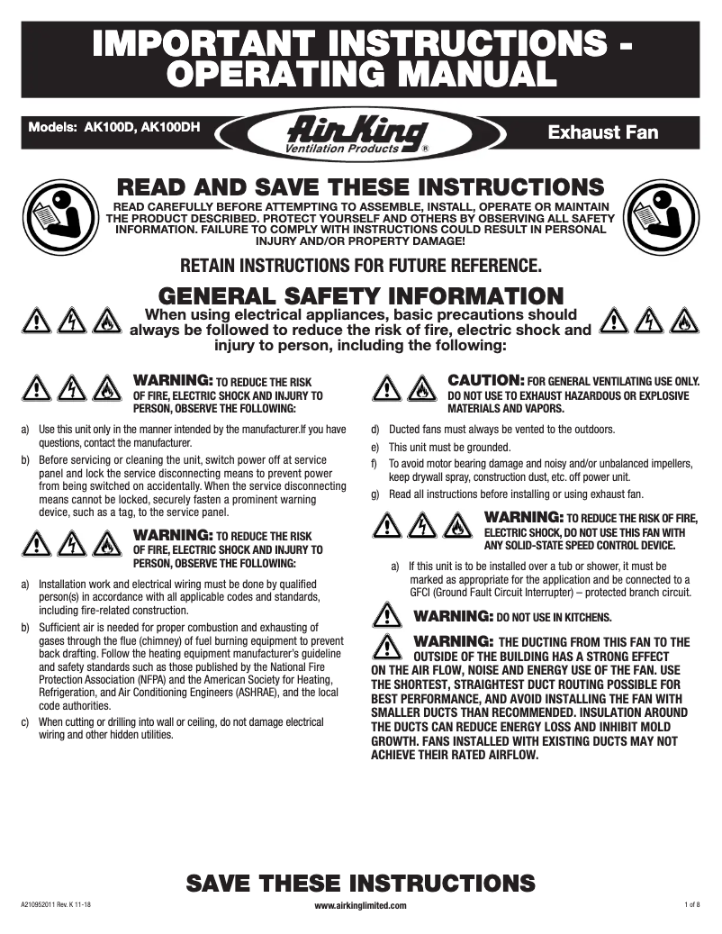 Page 1 de la notice Instructions / montage Air King AK100D