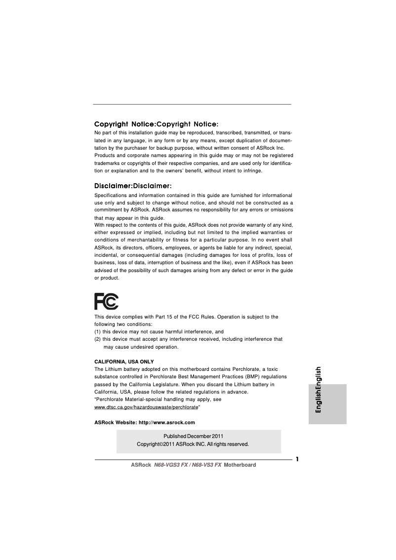 Page 1 de la notice Manuel utilisateur Asrock N68-VGS3 FX