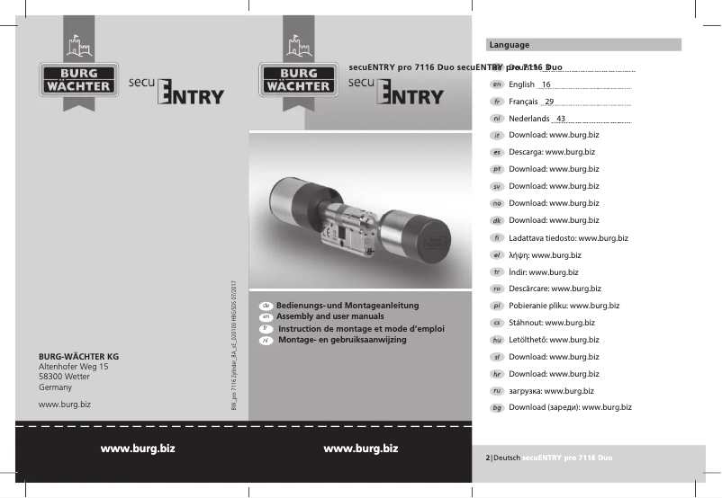 Page 1 de la notice Manuel utilisateur Burg Wächter secuENTRY pro 7116