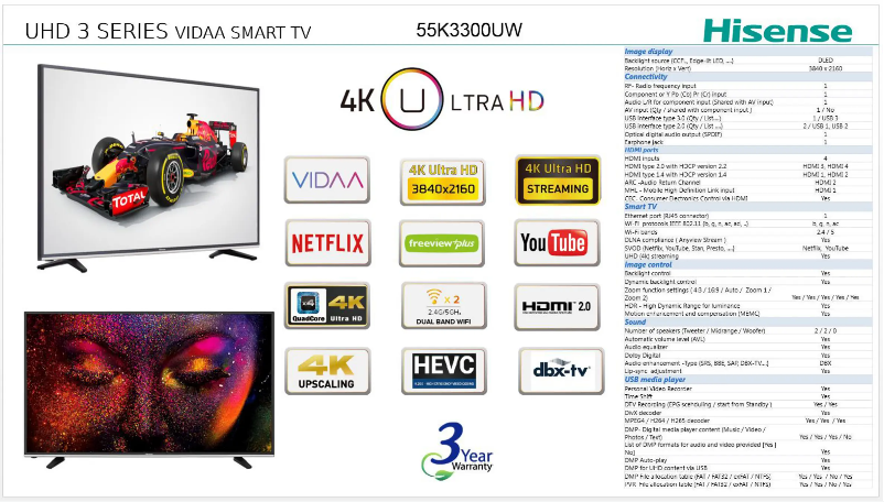 Page 1 de la notice Fiche technique Hisense 55K3300UW