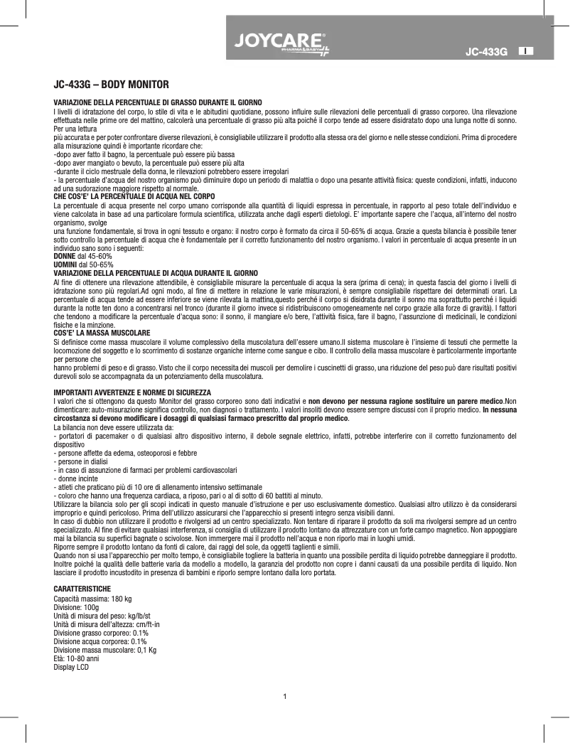 Page 1 de la notice Manuel utilisateur Joycare JC-433