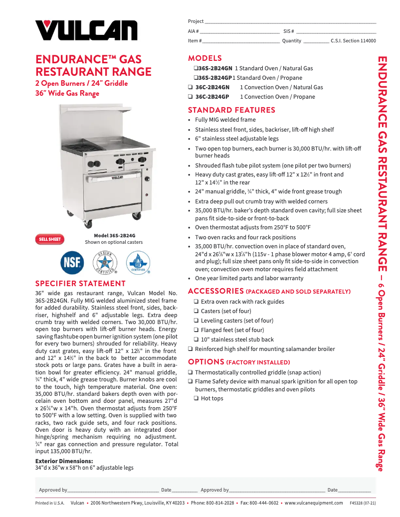 Page 1 de la notice Fiche technique Vulcan 36S-2B24GT