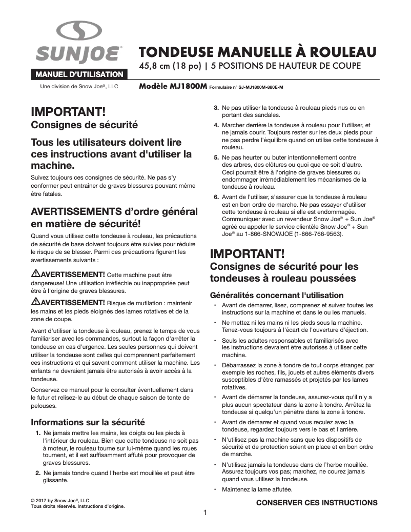 Page n°1 - Manuel utilisateur Sun Joe MJ1800M