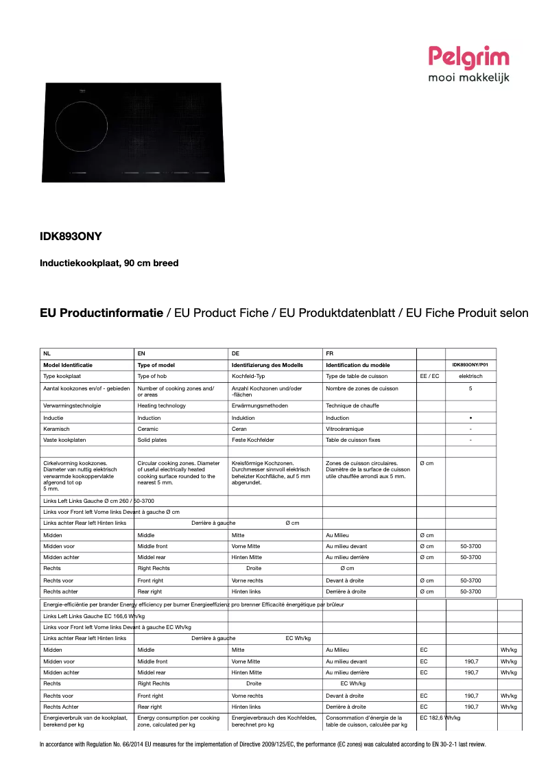 Page 1 de la notice Fiche technique Pelgrim IDK893ONY