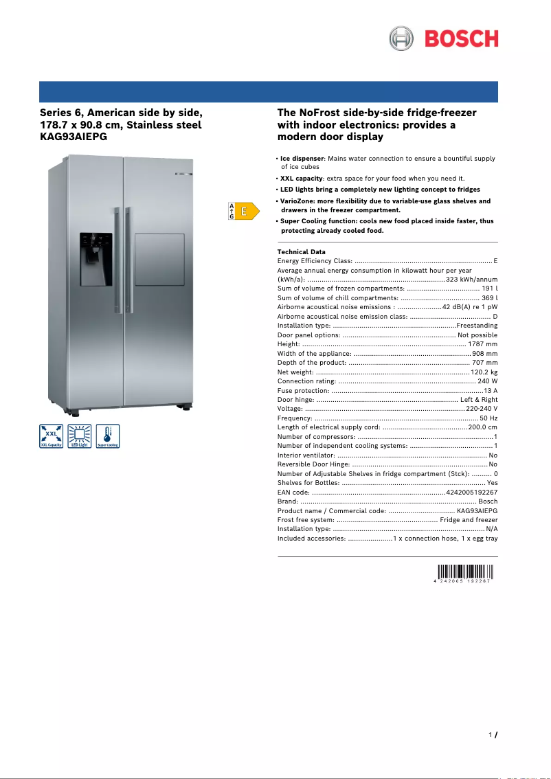 Page 1 de la notice Fiche technique Bosch KAG93AIEPG