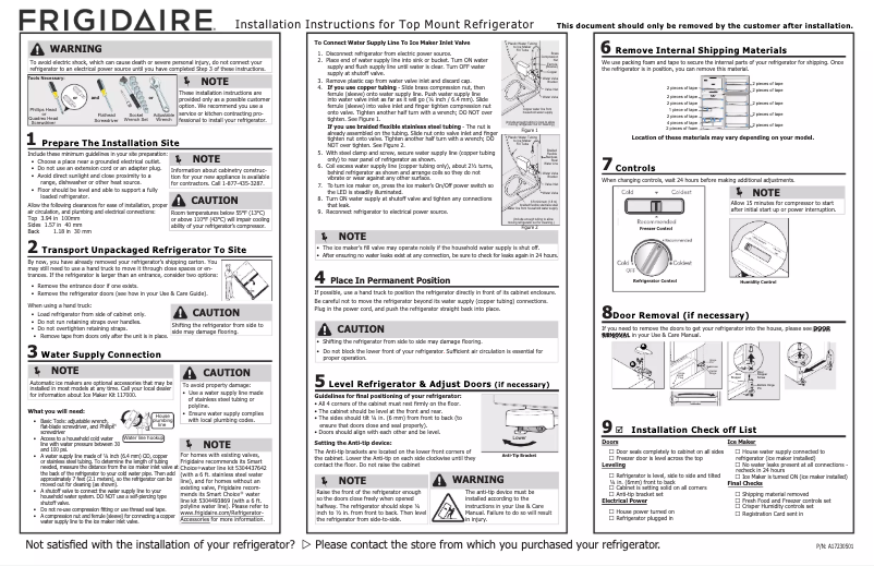 Page n°1 - Guide d'installation Frigidaire FFHT1425VV