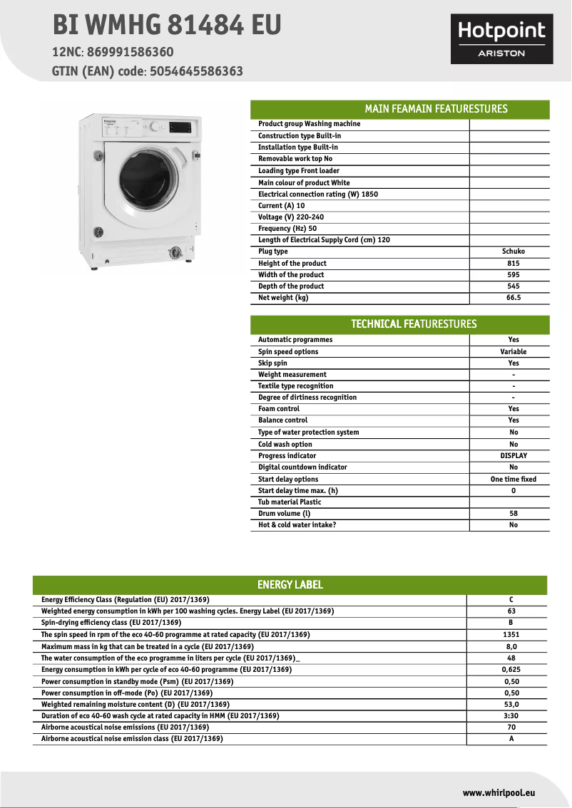 Page 1 de la notice Fiche technique Hotpoint BI WMHG 81484 EU