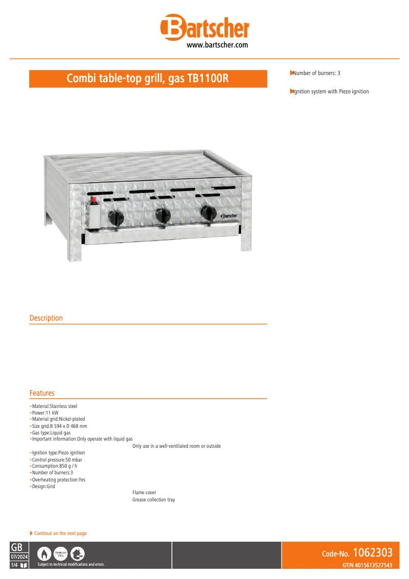 Page 1 de la notice Fiche technique Bartscher TB1100R