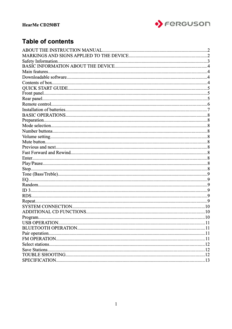 Página 1 del manual Manual de usuario Ferguson HearMe CD250BT