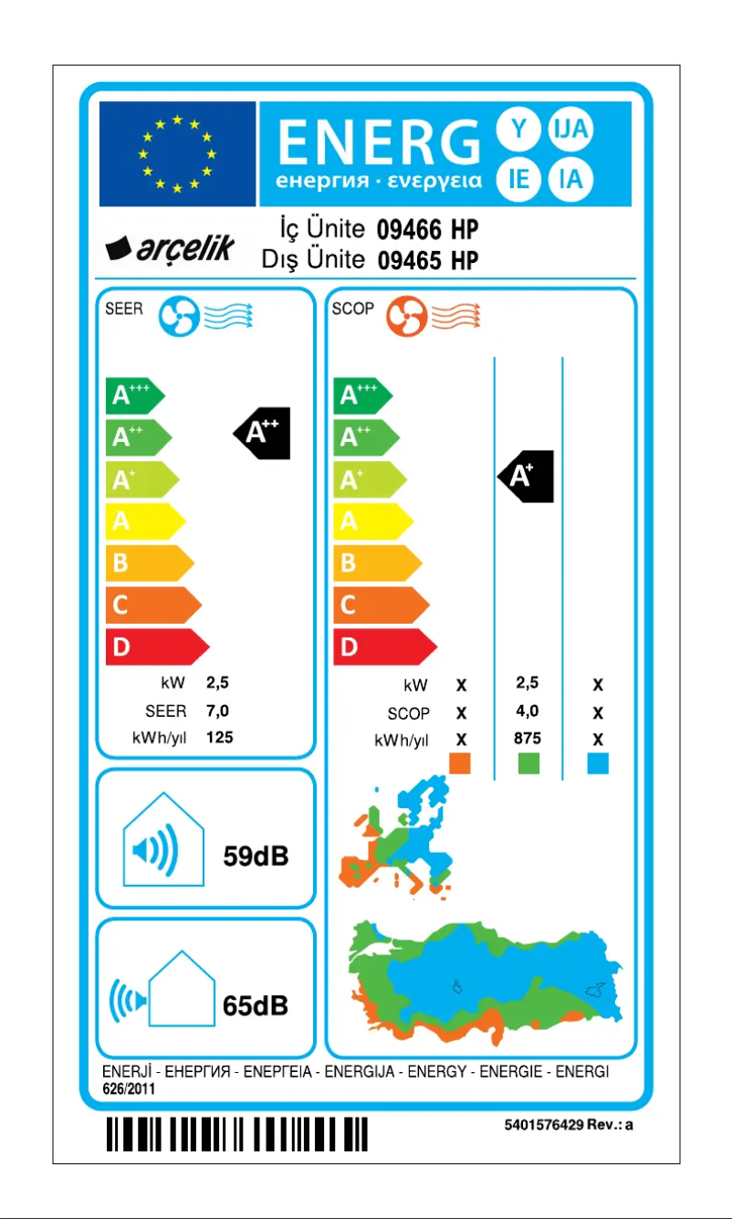 Page 1 de la notice Label énergétique Arçelik 09465 HP