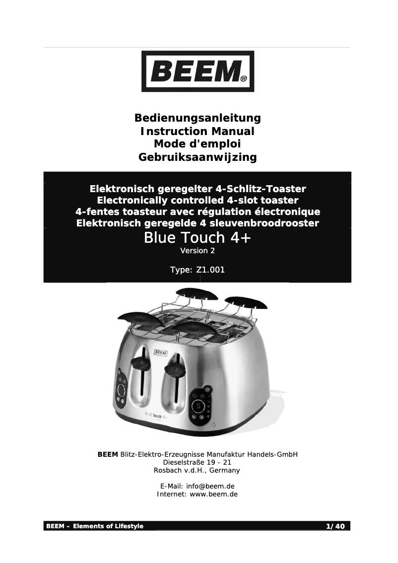 Image de la première page du manuel de l'appareil Blue Touch 4+ Z1.001