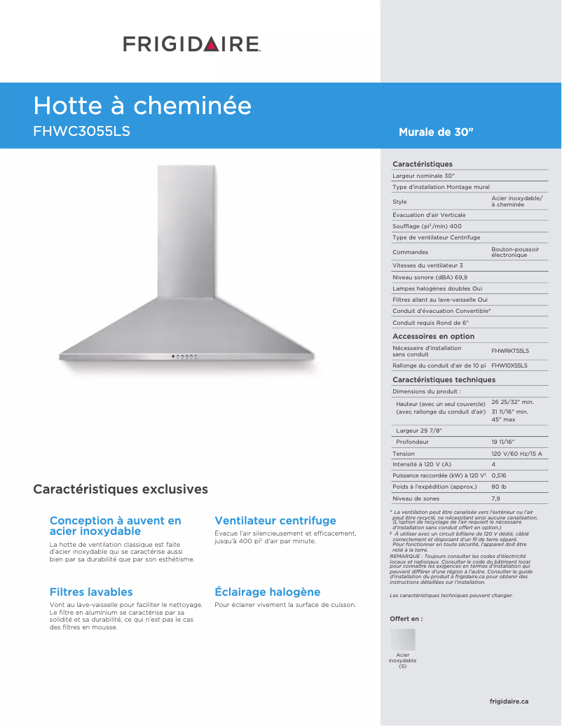 Page n°1 - Fiche technique Frigidaire FHWC3055LS