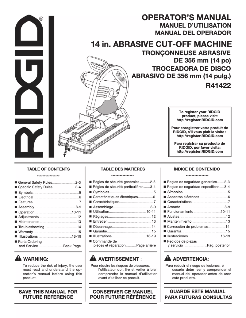 Page 1 de la notice Manuel utilisateur Ridgid R41422