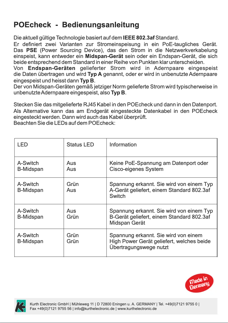 Página 1 del manual Manual de usuario Kurth Electronic POEcheck