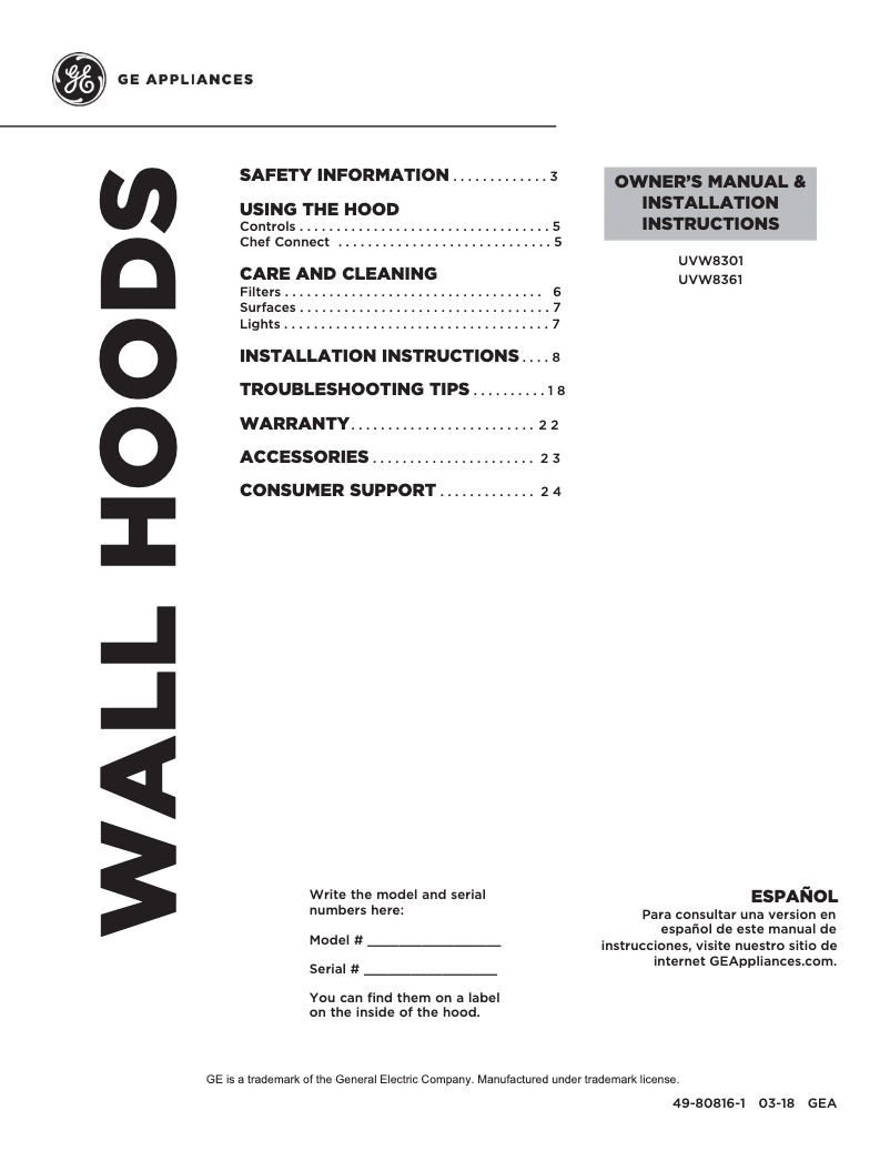 Page 1 de la notice Mode d'emploi GE UVW8301SLSS