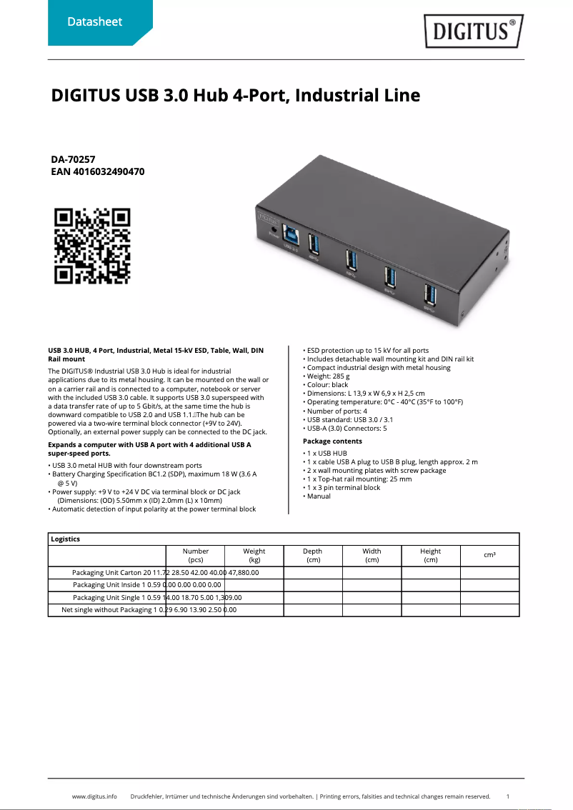 Page 1 de la notice Fiche technique Digitus DA-70257