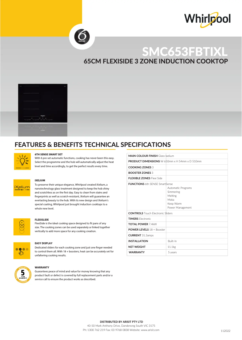 Page 1 de la notice Fiche technique Whirlpool SMC 653 F/BT/IXL