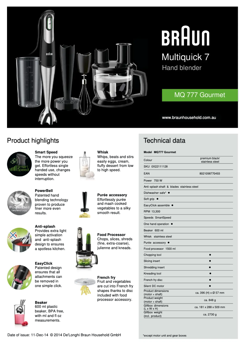 Page n°1 - Fiche technique Braun Multiquick 7 MQ 777