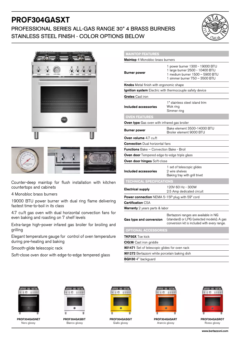 Page 1 de la notice Fiche technique Bertazzoni PROF304GASART