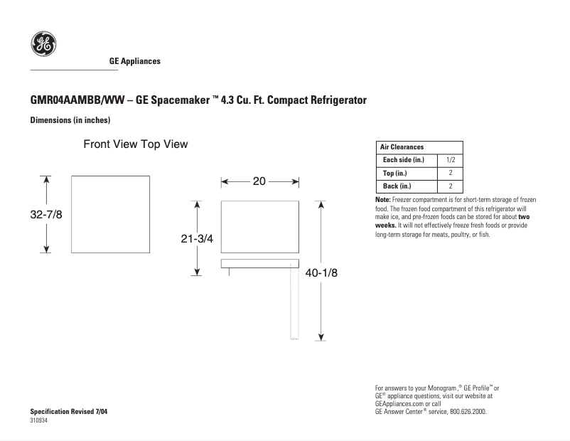 First page image of the manual for GMR04AAMWW
