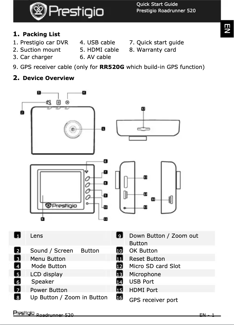 Page 1 de la notice Manuel utilisateur Prestigio Roadrunner 520