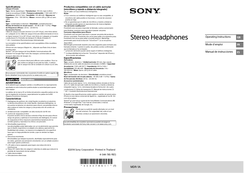 Page n°1 - Manuel utilisateur Sony MDR-1A/B
