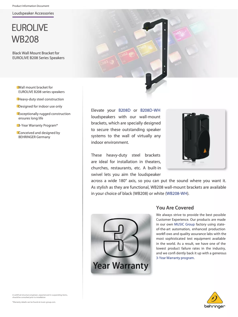 Page 1 de la notice Fiche technique Behringer Eurolive WB208