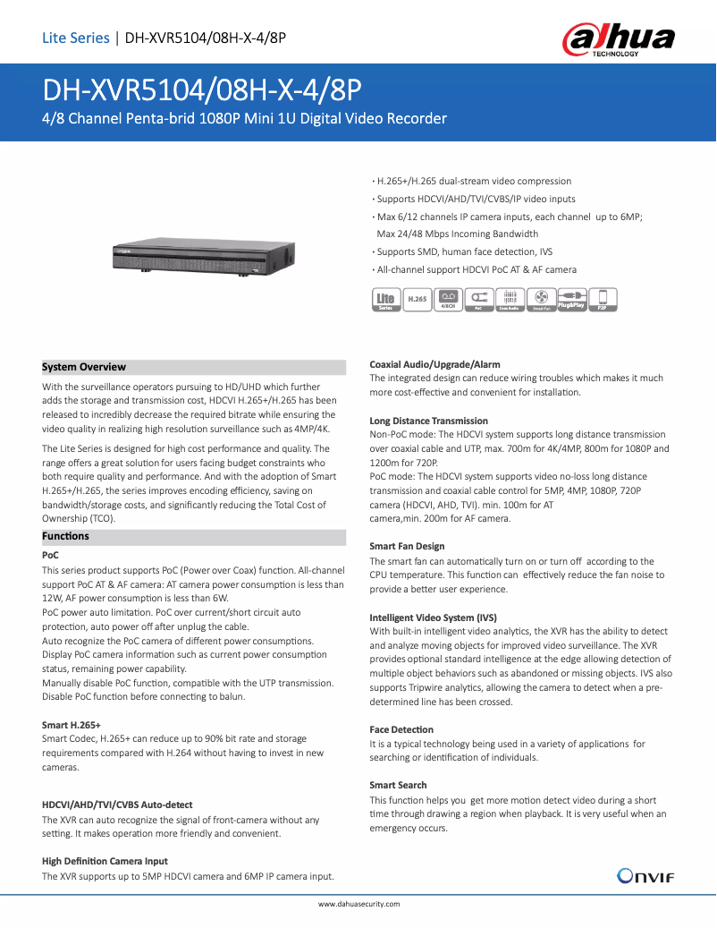 Page 1 de la notice Fiche technique Dahua Technology XVR5104/08H-X-4/8P