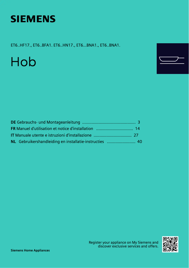 Page 1 de la notice Guide d'installation Siemens ET645BNA1E