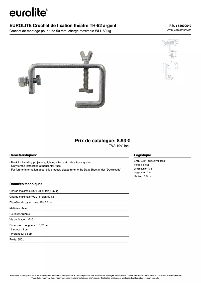 Page 1 de la notice Fiche technique Eurolite TH-52