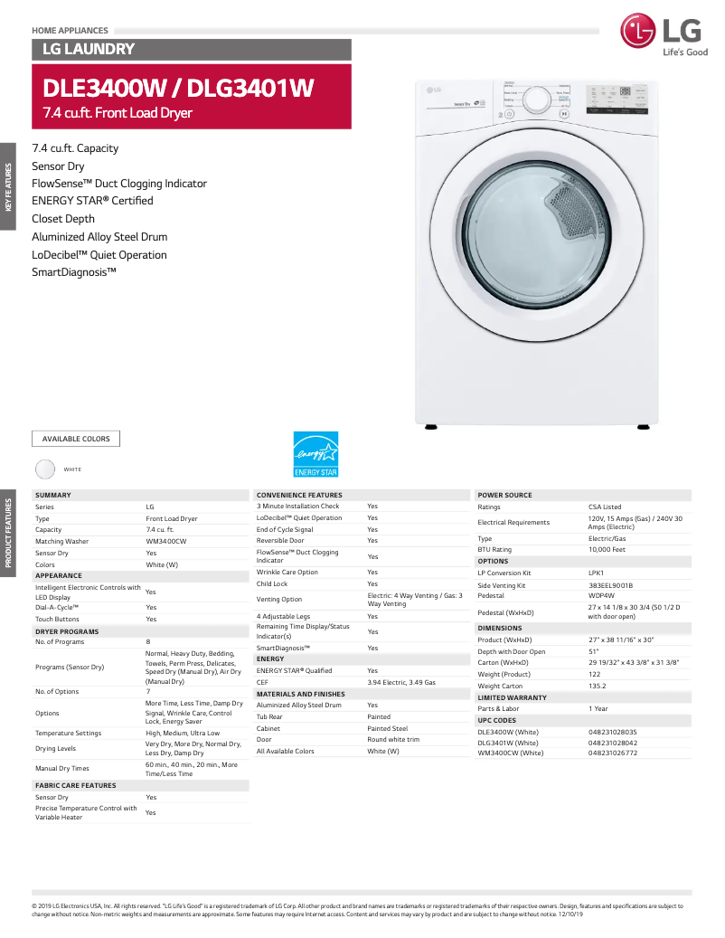 Page n°1 - Fiche technique LG DLE3400W