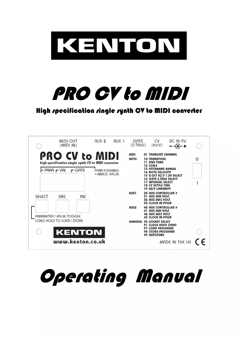 Page 1 de la notice Manuel utilisateur Kenton PRO CV to MIDI