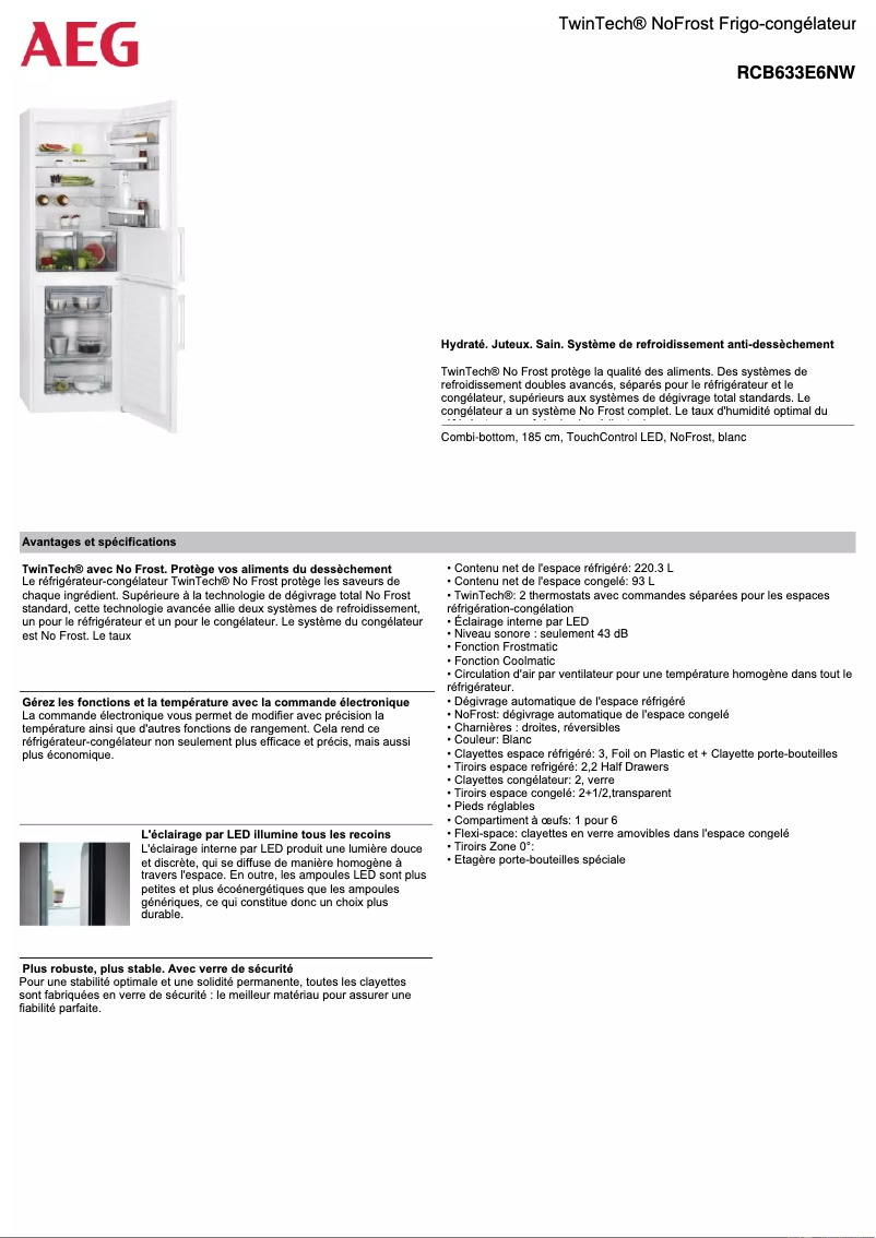 Page 1 de la notice Fiche technique AEG RCB633E6NW