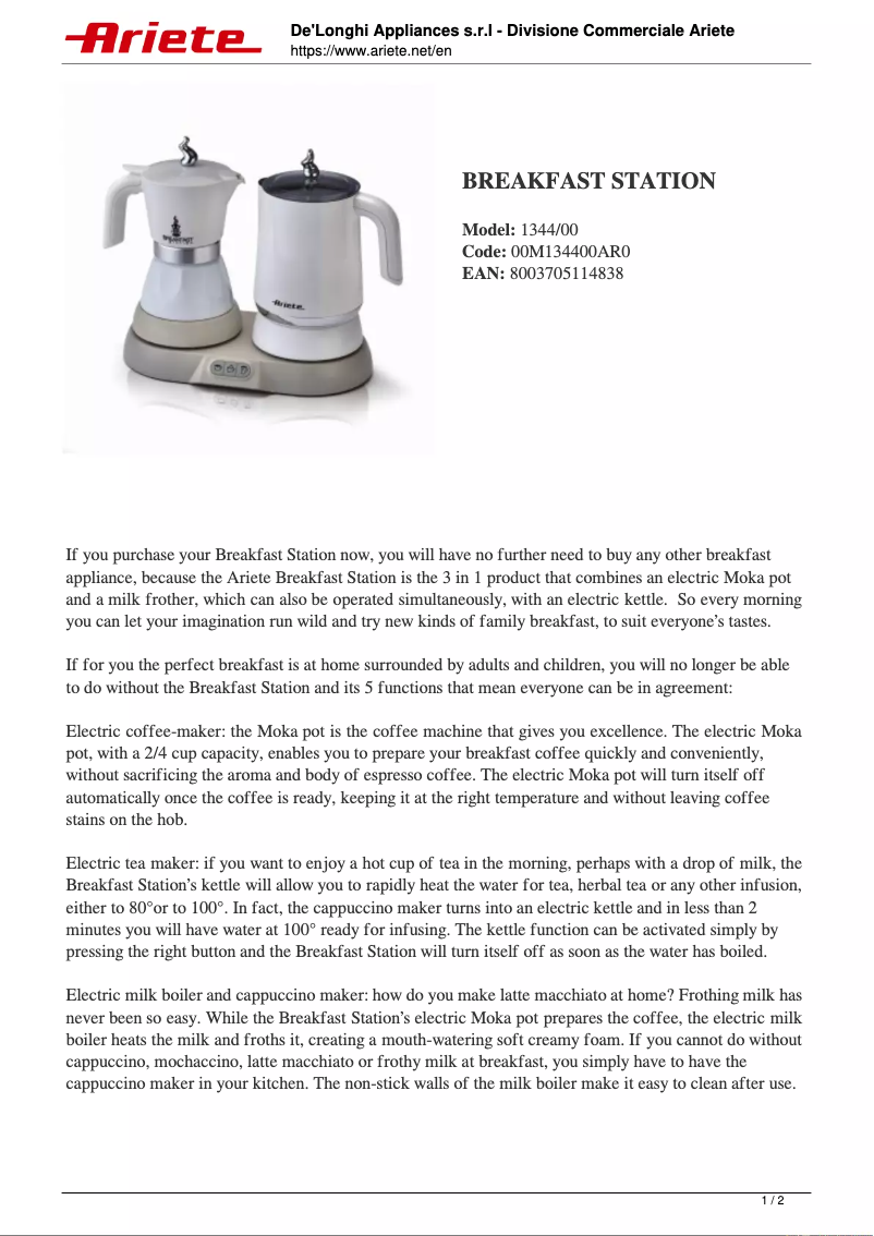 Page n°1 - Fiche technique Ariete Breakfast Station 1344