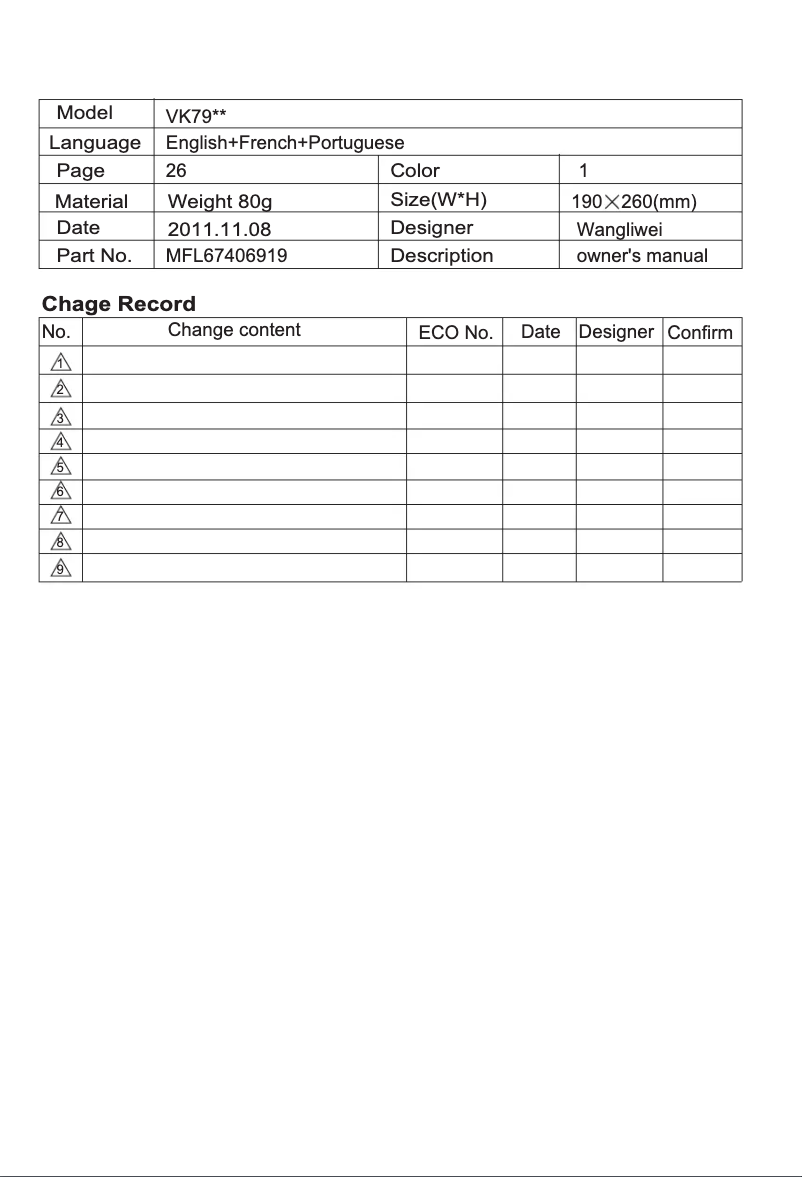 Page 1 de la notice Manuel utilisateur LG VK7920NNT