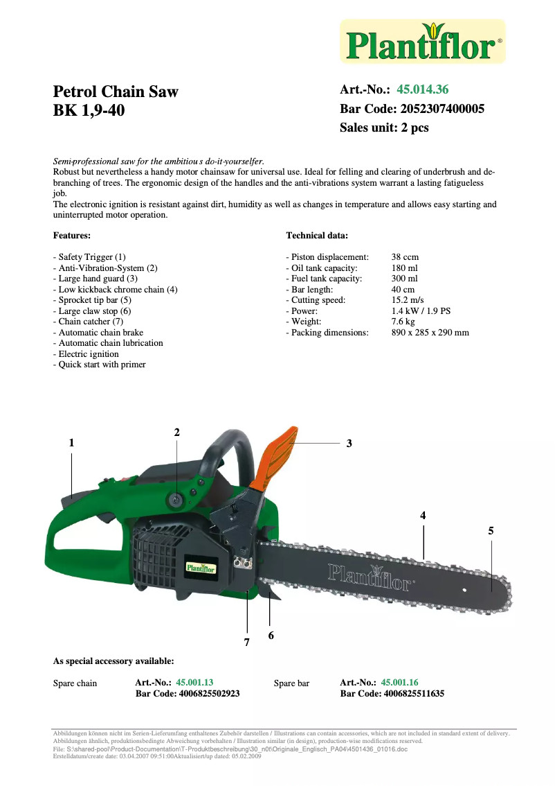 Page 1 de la notice Manuel utilisateur Plantiflor BK 1,9-40
