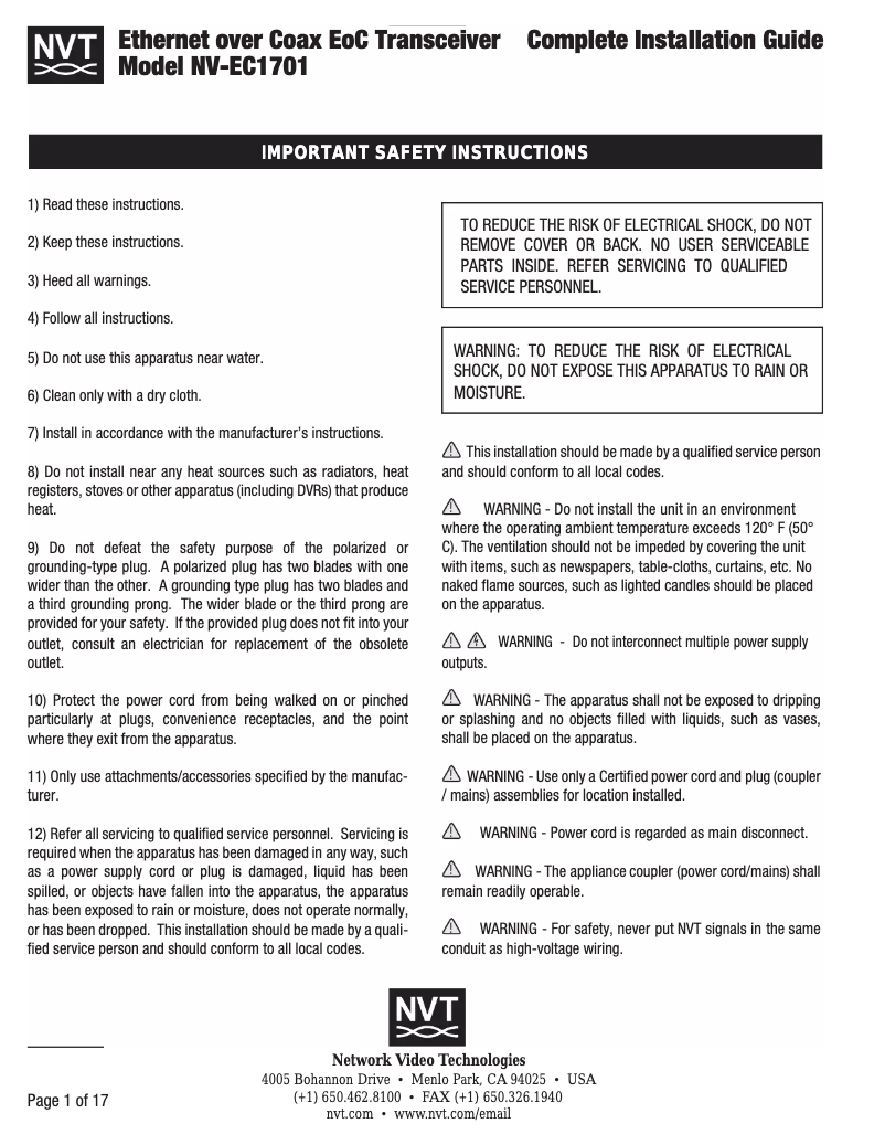 Page 1 de la notice Manuel utilisateur NVT NV-EC1701